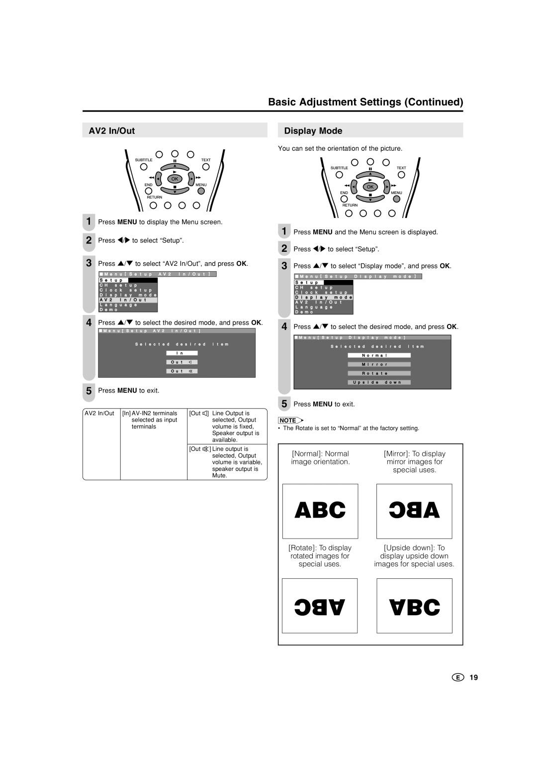 Sharp LC-15B5M, LC-20B5M operation manual Display Mode, Press / to select AV2 In/Out, and press OK 