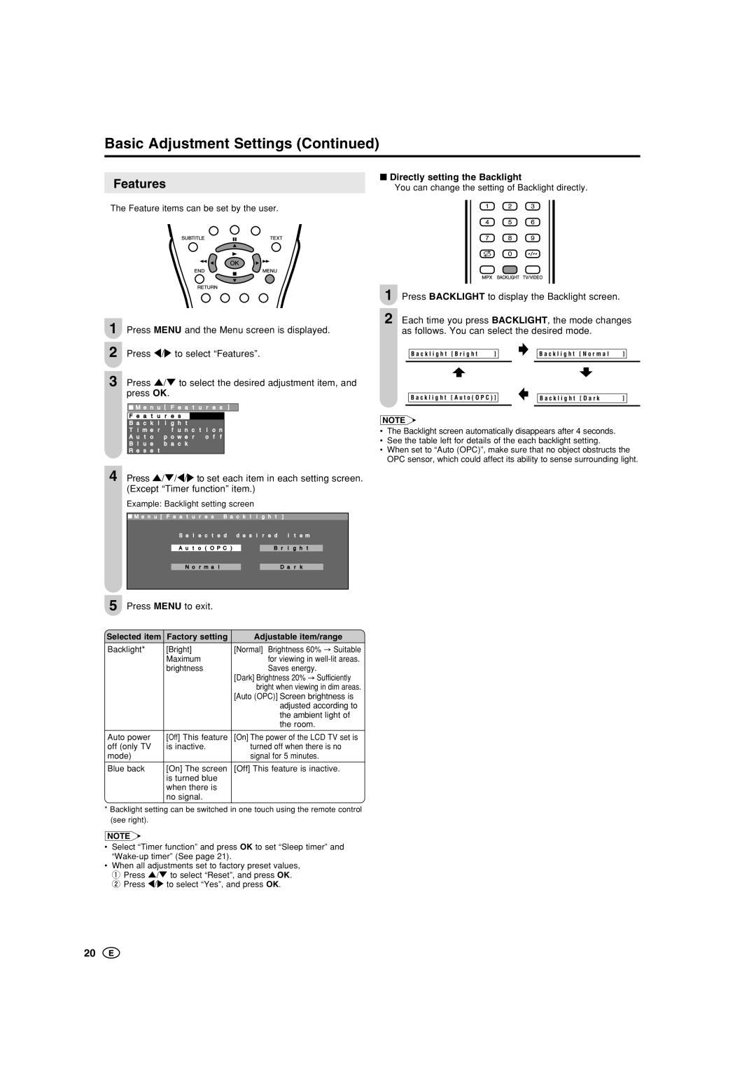 Sharp LC-20B5M, LC-15B5M Features, Directly setting the Backlight, Press //\/to set each item in each setting screen 