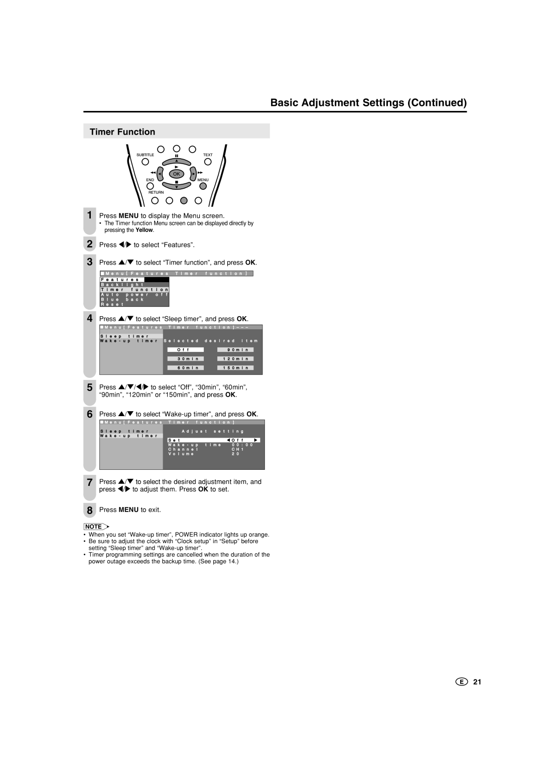 Sharp LC-15B5M Timer Function, Press / to select Sleep timer, and press OK, Press / to select the desired adjustment item 