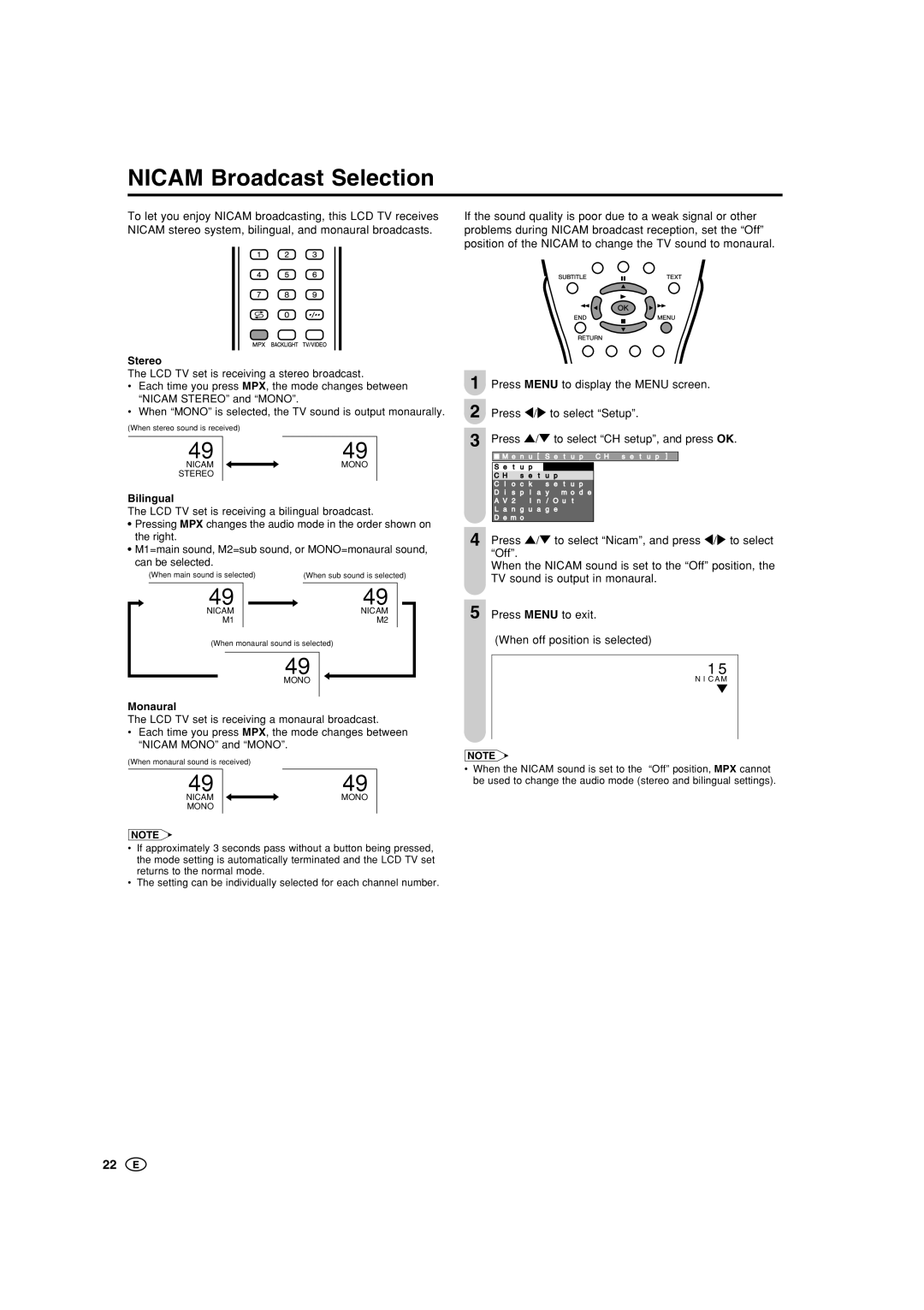 Sharp LC-20B5M, LC-15B5M operation manual Nicam Broadcast Selection 