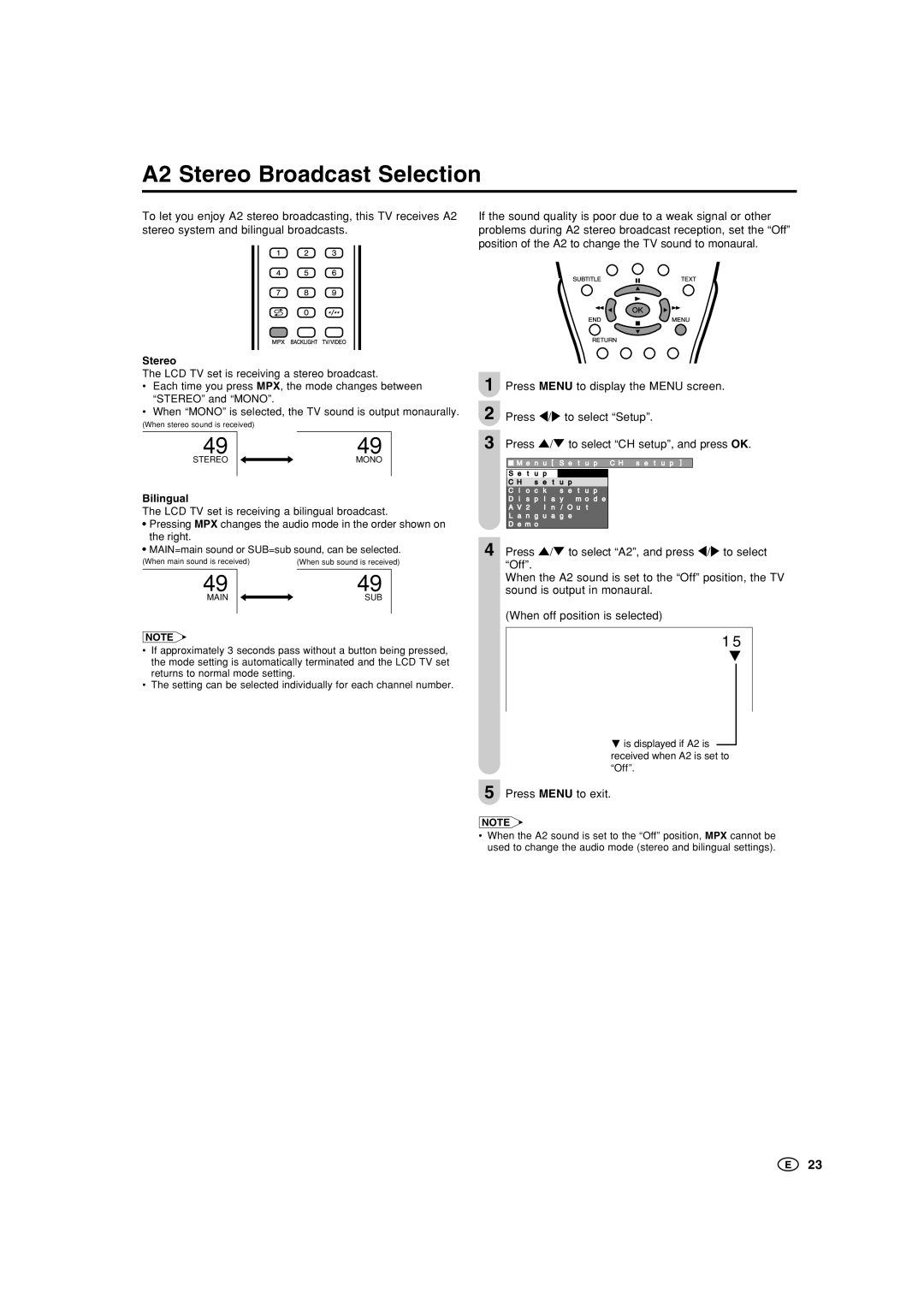 Sharp LC-15B5M, LC-20B5M operation manual A2 Stereo Broadcast Selection 