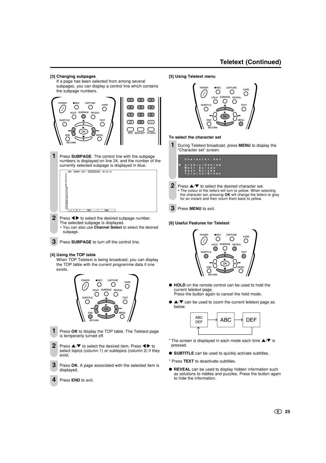 Sharp LC-15B5M, LC-20B5M Changing subpages Using Teletext menu, Using the TOP table, To select the character set 