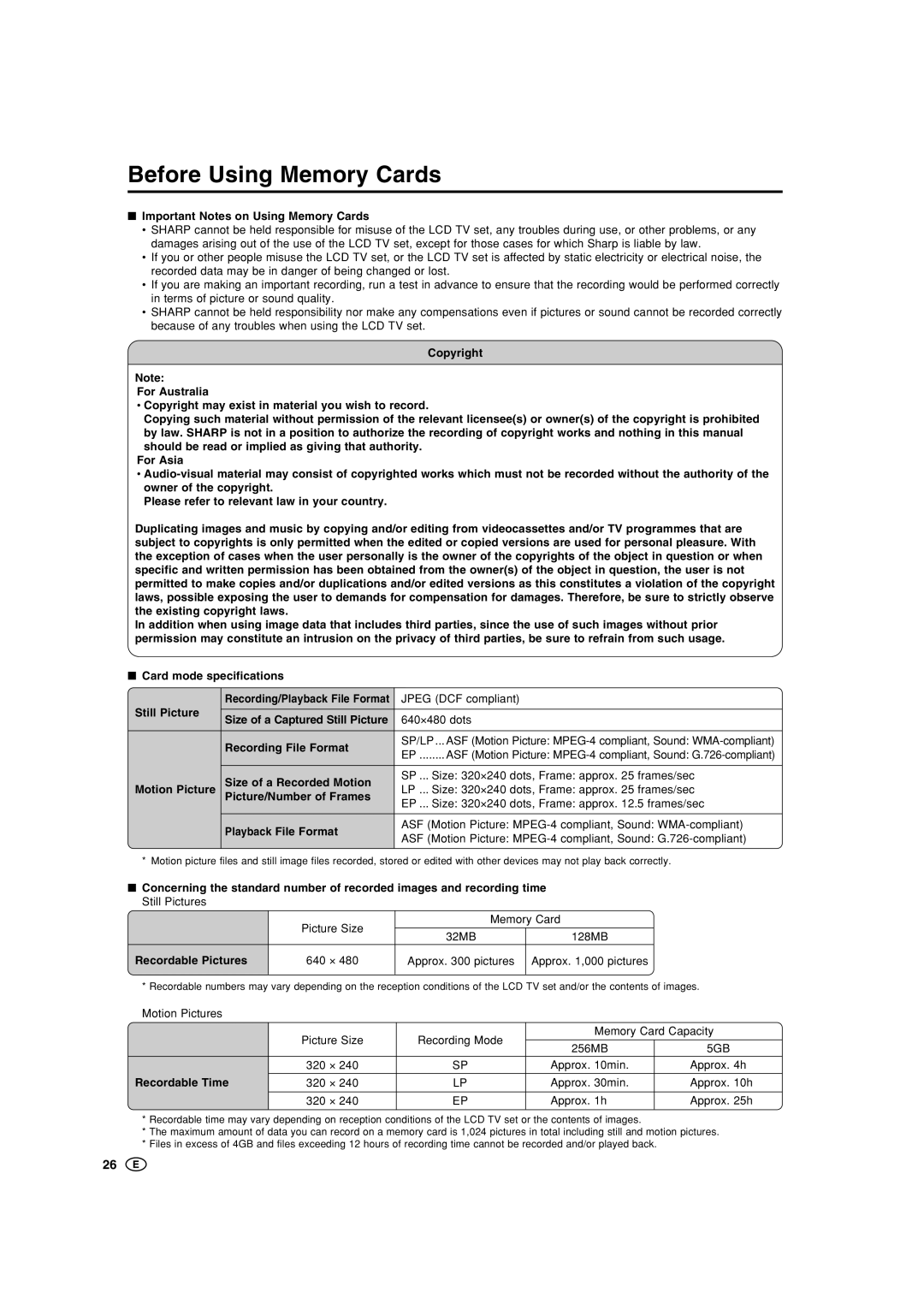 Sharp LC-20B5M, LC-15B5M operation manual Before Using Memory Cards 