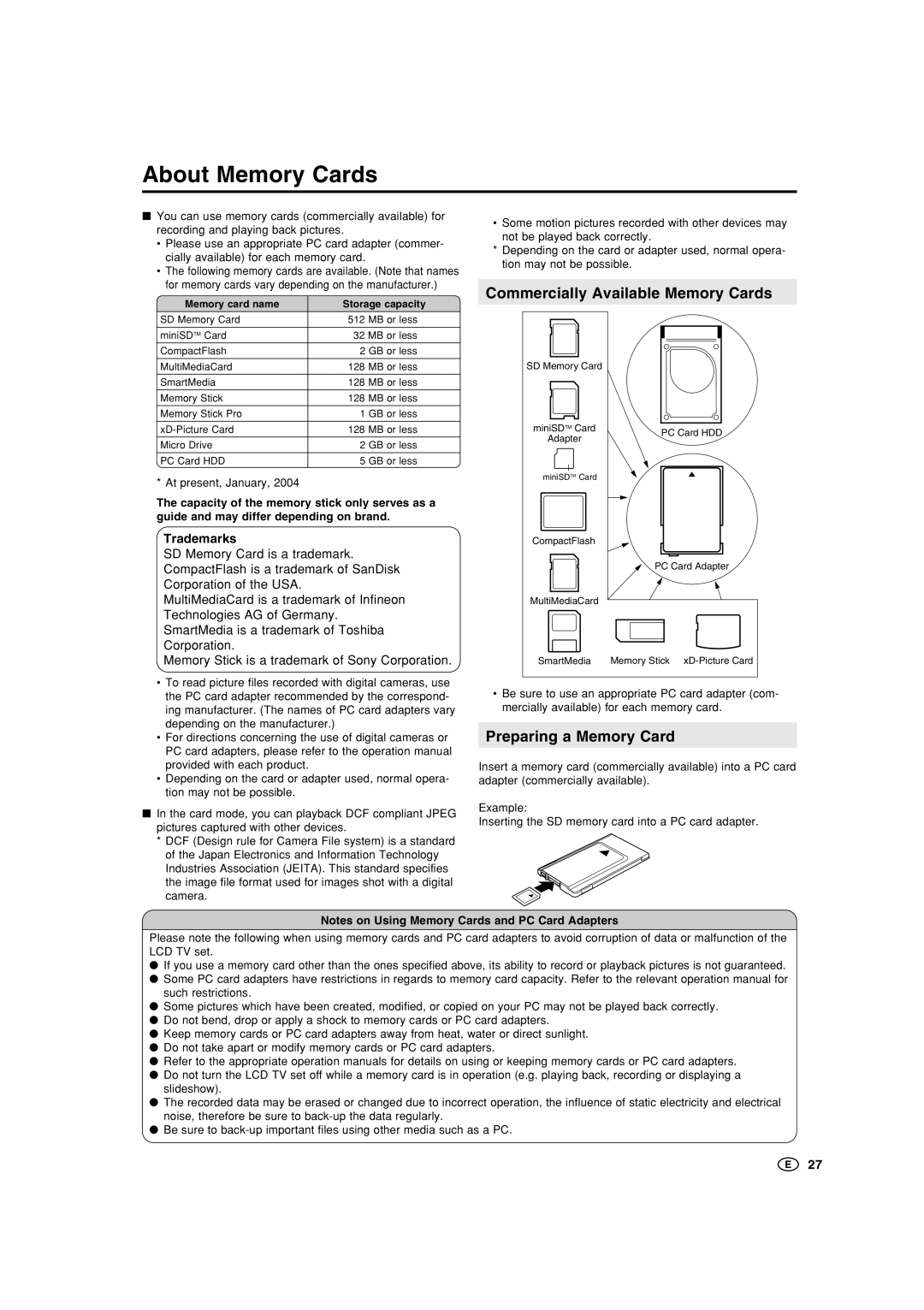 Sharp LC-15B5M, LC-20B5M About Memory Cards, Commercially Available Memory Cards, Preparing a Memory Card, Trademarks 