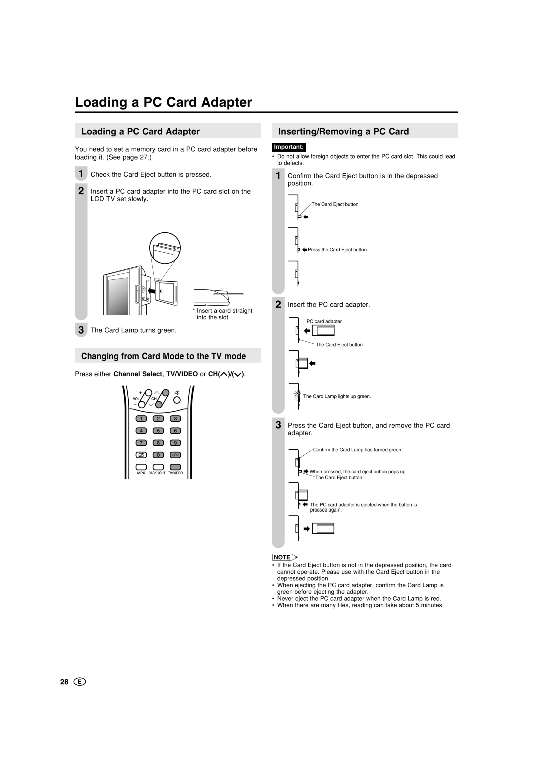 Sharp LC-20B5M, LC-15B5M Loading a PC Card Adapter, Inserting/Removing a PC Card, Changing from Card Mode to the TV mode 