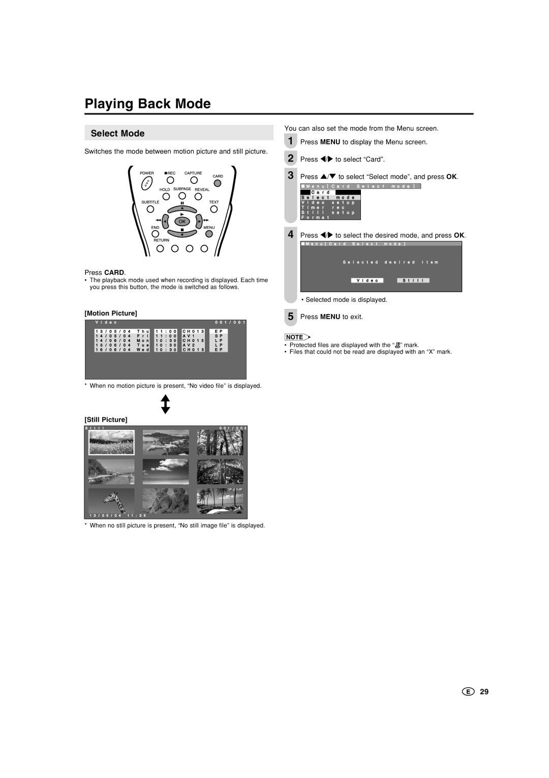 Sharp LC-15B5M, LC-20B5M operation manual Playing Back Mode, Select Mode, Press \/to select the desired mode, and press OK 