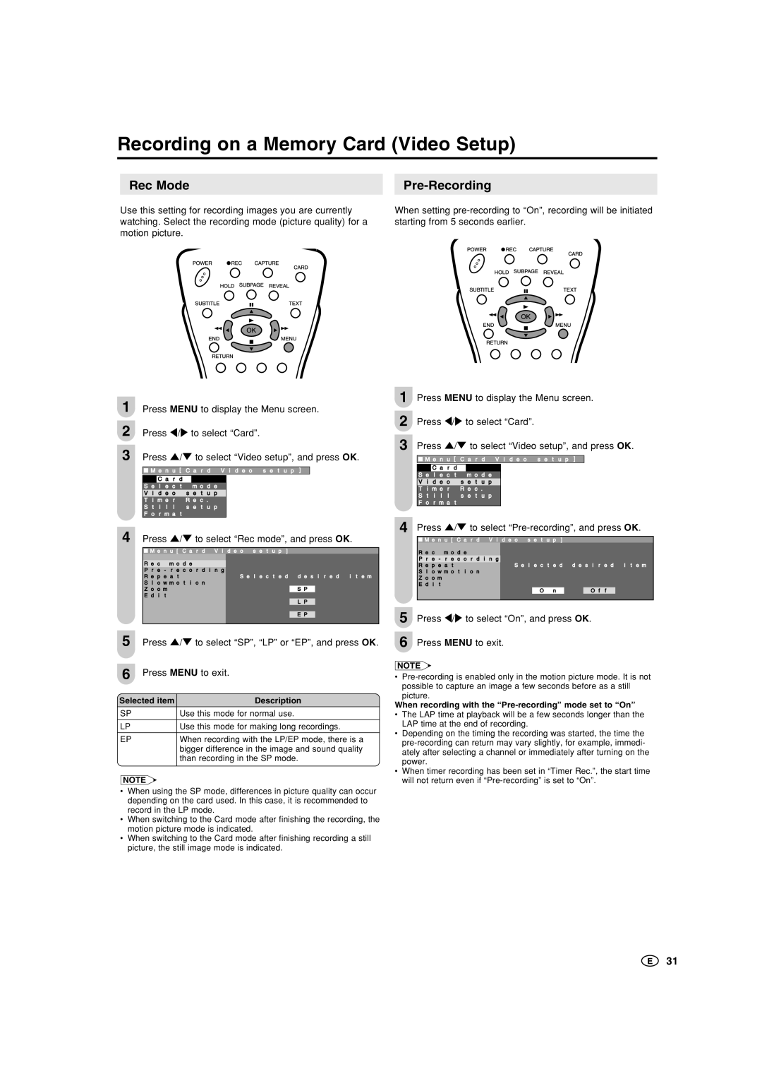 Sharp LC-15B5M, LC-20B5M operation manual Recording on a Memory Card Video Setup, Rec Mode Pre-Recording, Press Menu to exit 