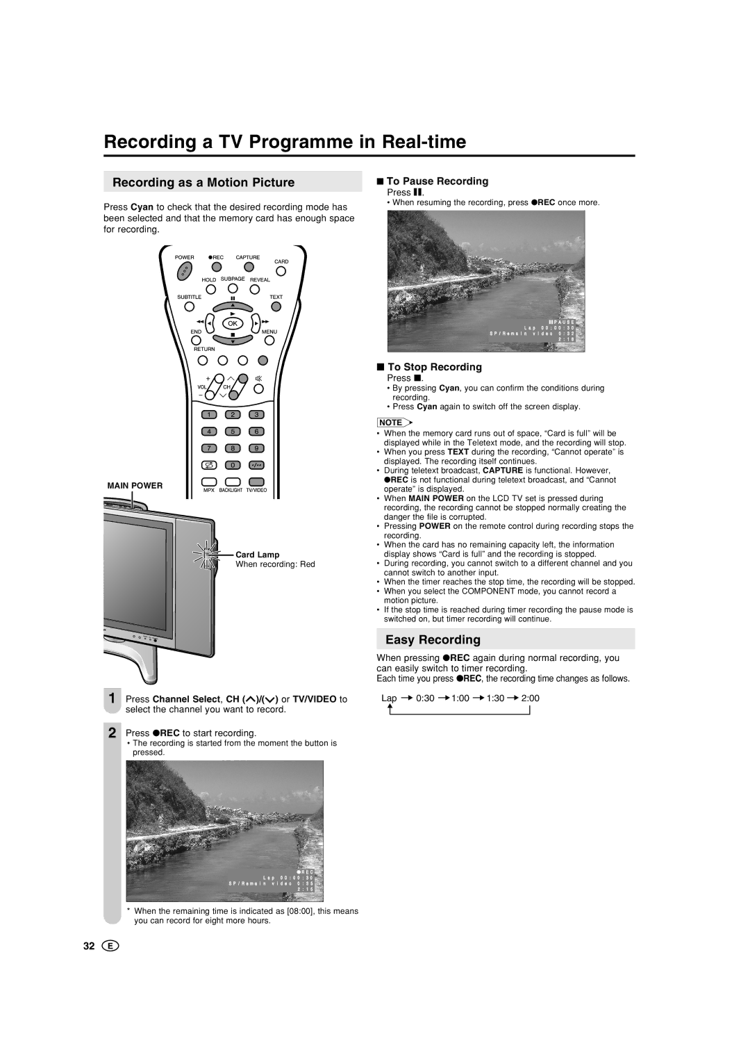 Sharp LC-20B5M Recording a TV Programme in Real-time, Recording as a Motion Picture, Easy Recording, To Pause Recording 