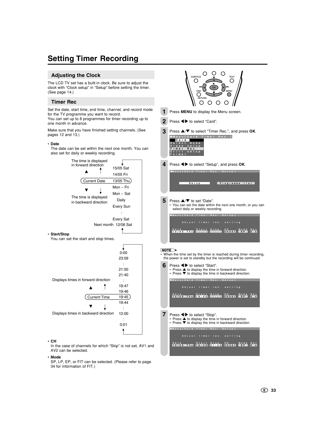 Sharp LC-15B5M, LC-20B5M operation manual Setting Timer Recording, Adjusting the Clock 