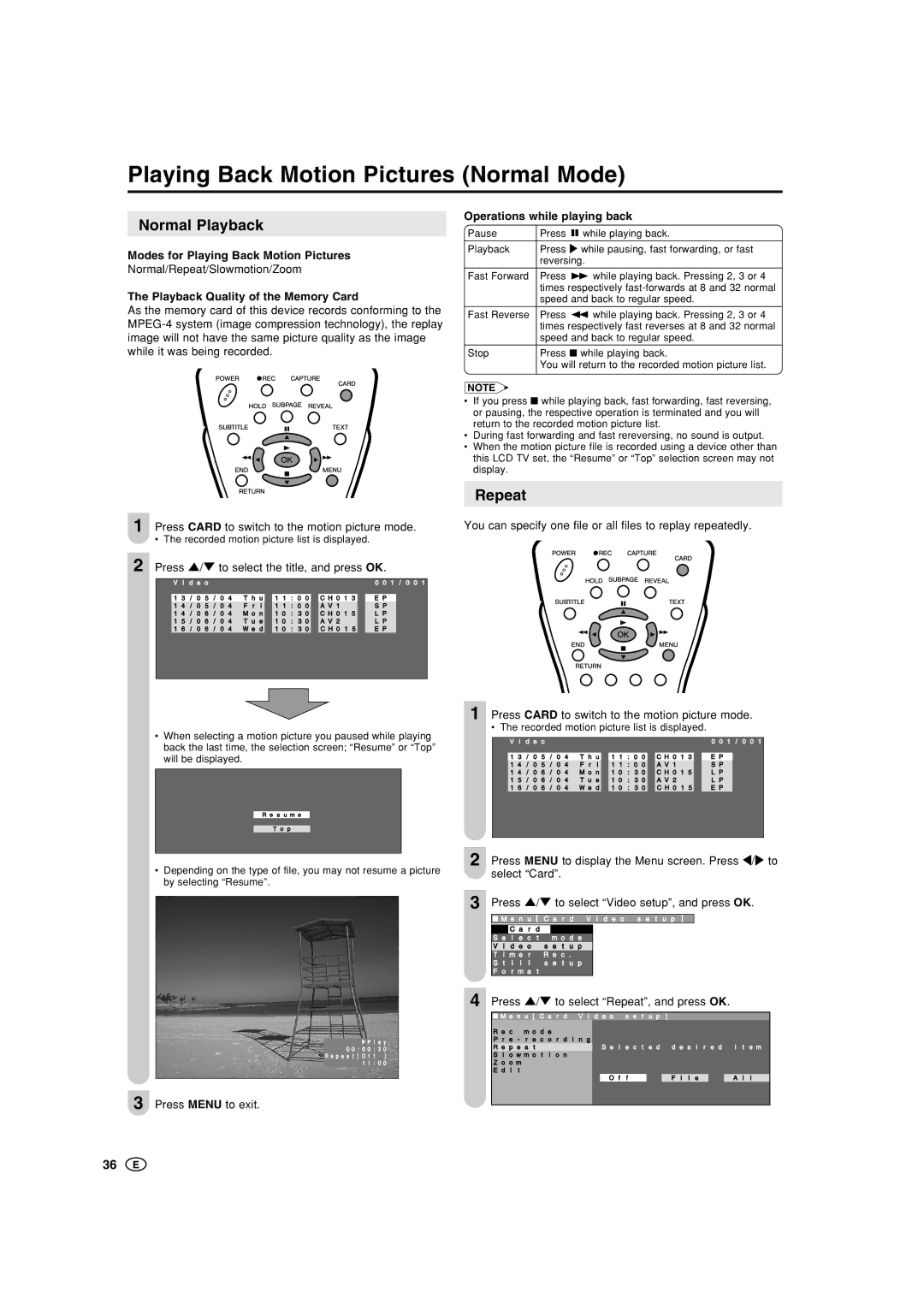 Sharp LC-20B5M, LC-15B5M operation manual Playing Back Motion Pictures Normal Mode, Normal Playback, Repeat 