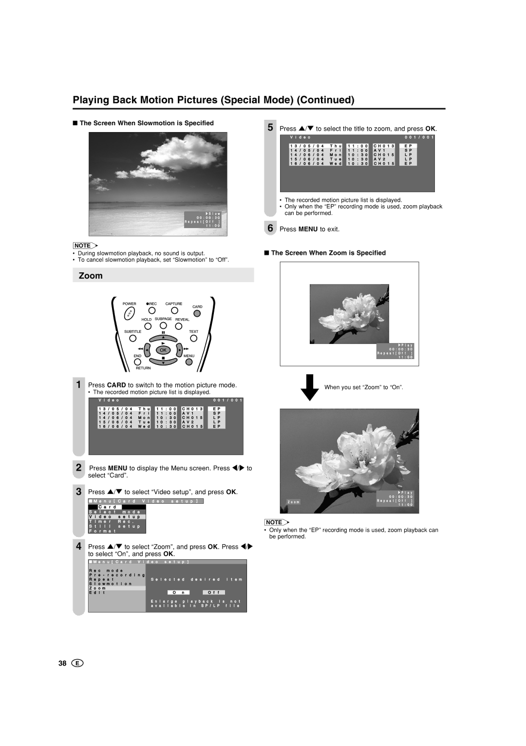 Sharp LC-20B5M, LC-15B5M Playing Back Motion Pictures Special Mode, Zoom, Screen When Slowmotion is Specified 