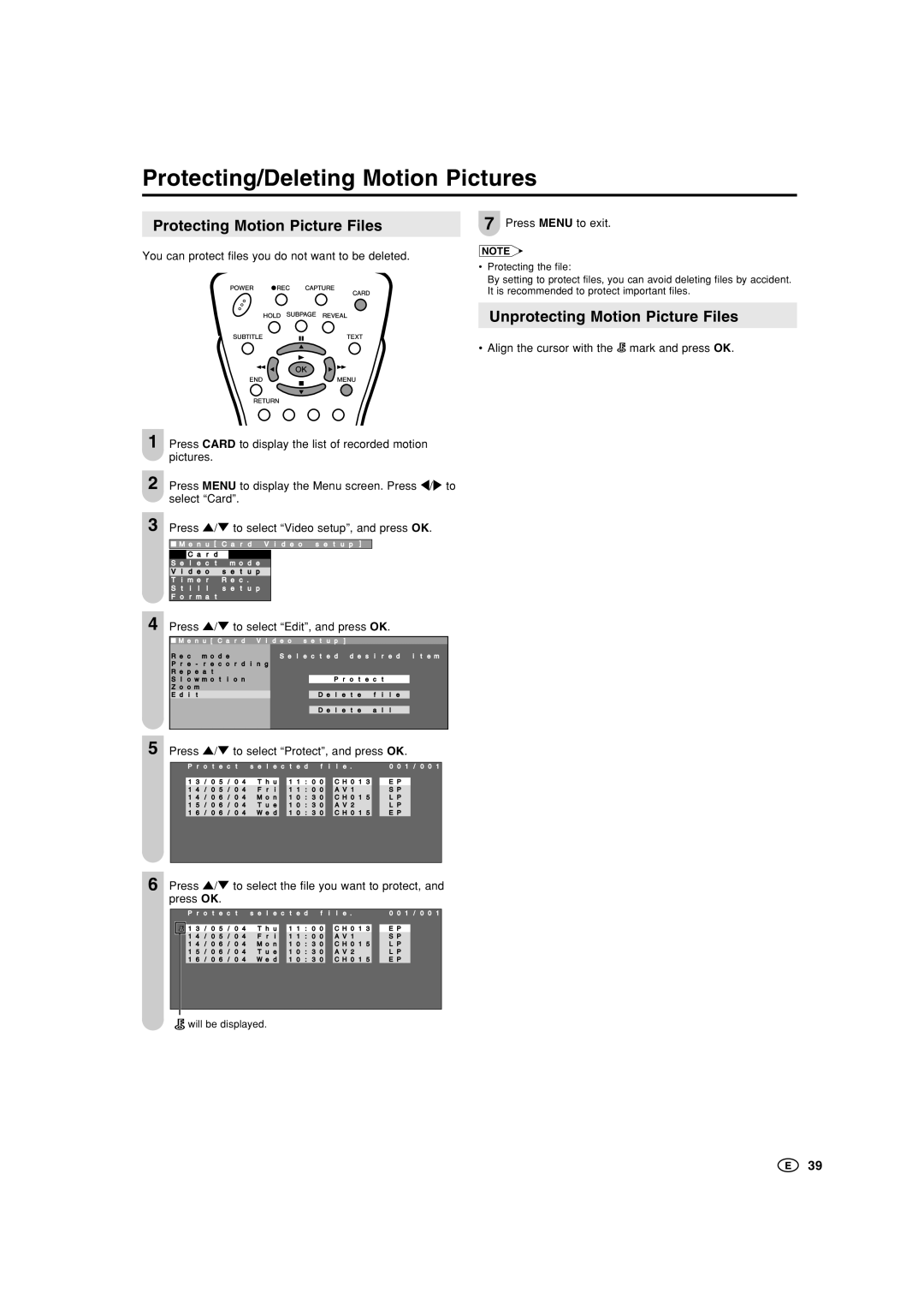 Sharp LC-15B5M Protecting/Deleting Motion Pictures, Protecting Motion Picture Files, Unprotecting Motion Picture Files 