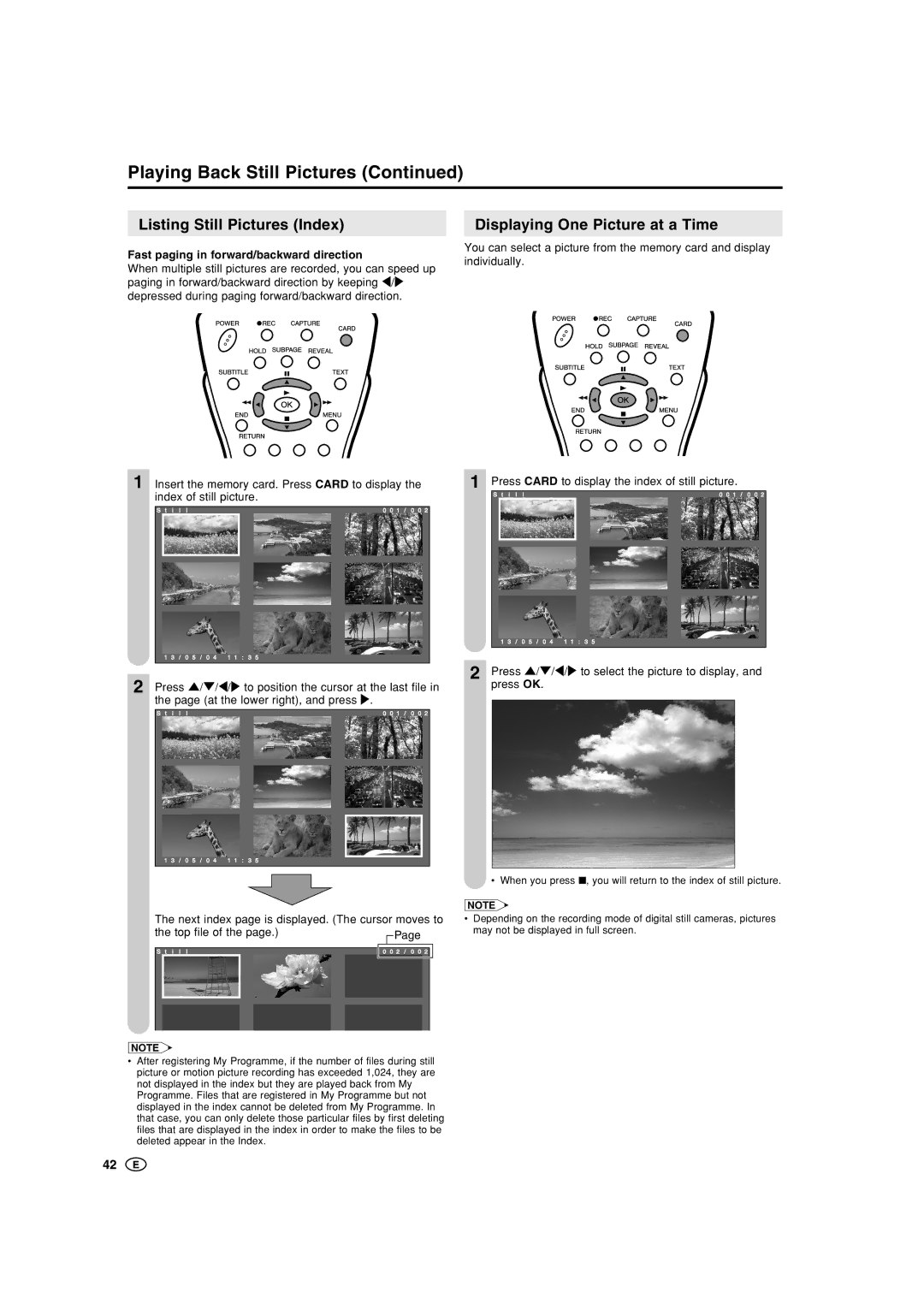 Sharp LC-20B5M, LC-15B5M Playing Back Still Pictures, Listing Still Pictures Index, Displaying One Picture at a Time 