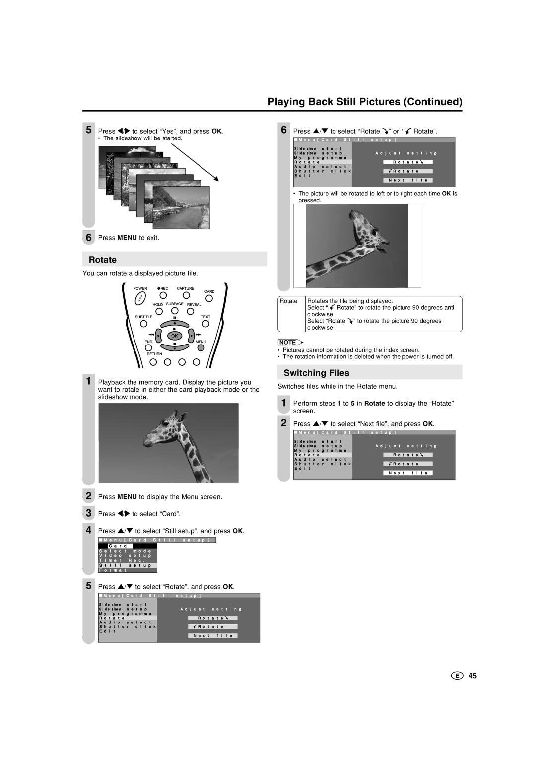 Sharp LC-15B5M, LC-20B5M Switching Files, Press \/to select Yes, and press OK, Press / to select Rotate, and press OK 