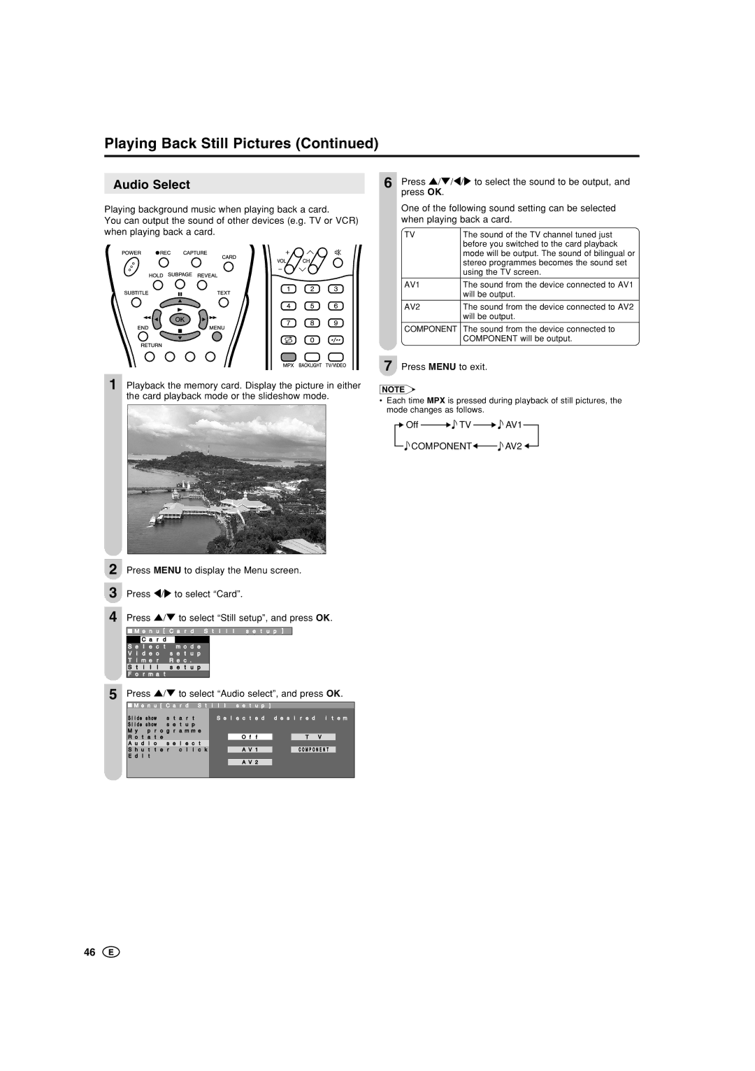 Sharp LC-20B5M, LC-15B5M operation manual Audio Select, Off TV AV1, Press / to select Audio select, and press OK 