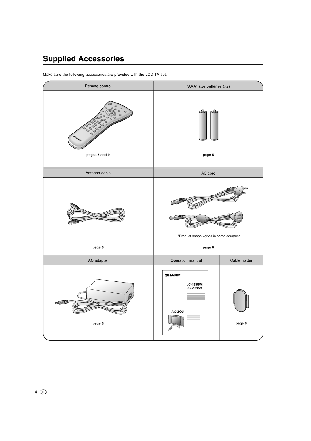 Sharp LC-20B5M, LC-15B5M operation manual Supplied Accessories, Antenna cable AC cord, AC adapter Cable holder 