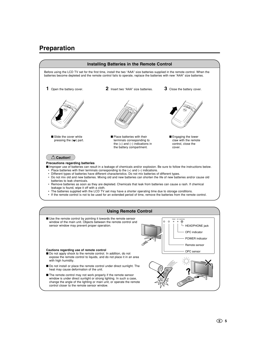 Sharp LC-15B5M, LC-20B5M operation manual Preparation, Installing Batteries in the Remote Control, Using Remote Control 