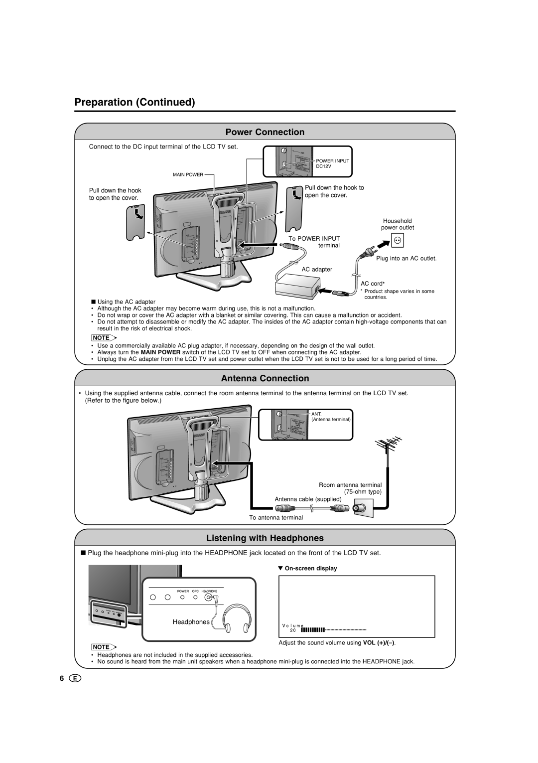 Sharp LC-20B5M, LC-15B5M operation manual Preparation, Power Connection, Antenna Connection, Listening with Headphones 