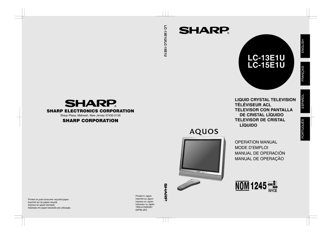 Sharp LC 13E1U, LC 15E1U operation manual LC-13E1U LC-15E1U 