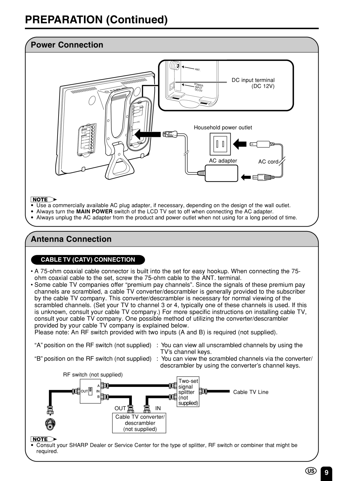 Sharp LC 15E1U, LC 13E1U operation manual Power Connection, Antenna Connection 