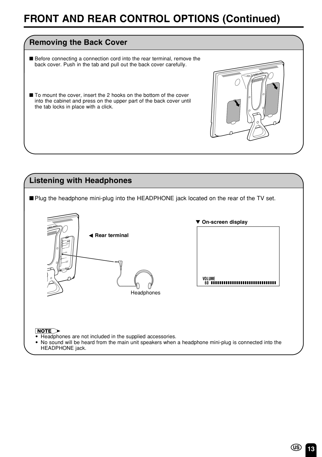 Sharp LC 15E1U, LC 13E1U operation manual Removing the Back Cover, Listening with Headphones 