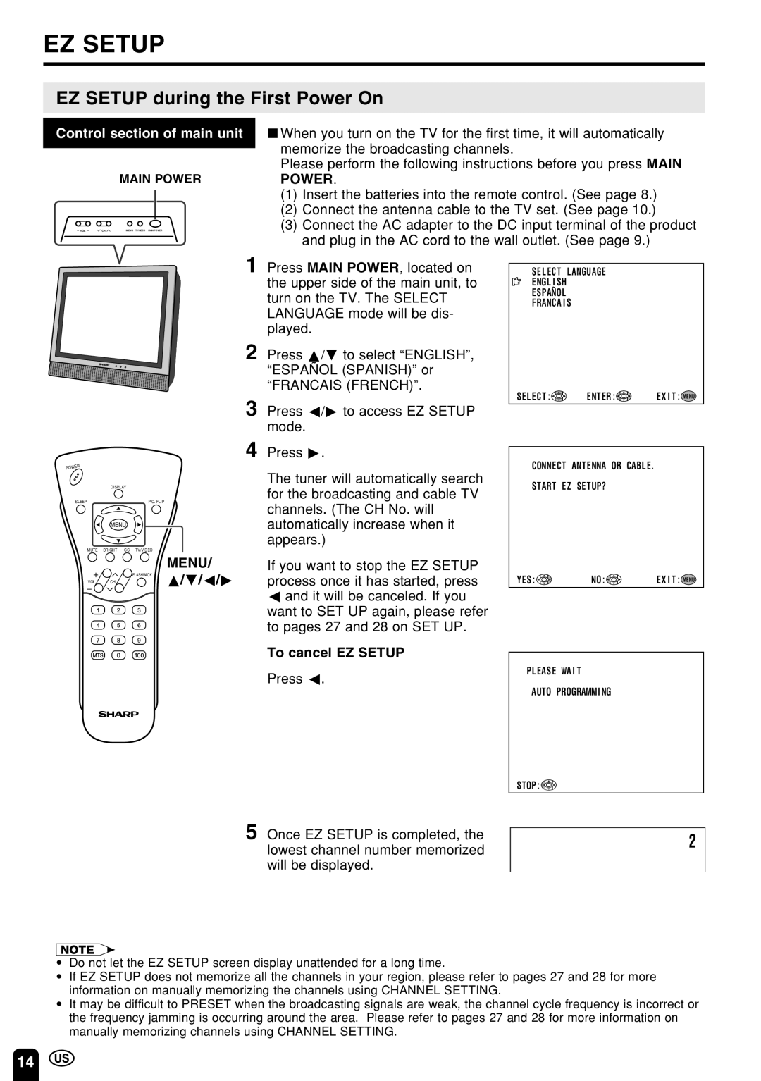 Sharp LC 13E1U, LC 15E1U operation manual EZ Setup during the First Power On, Menu, To cancel EZ Setup Press c 