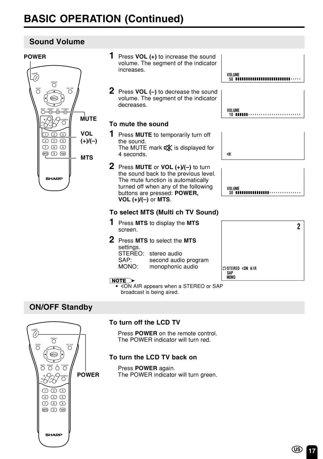 Sharp LC 15E1U, LC 13E1U operation manual Sound Volume, ON/OFF Standby 