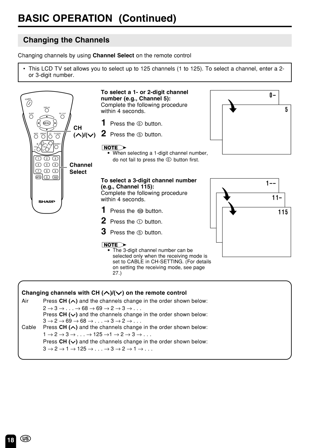 Sharp LC 13E1U, LC 15E1U operation manual Changing the Channels, Press the button Press the 5 button 