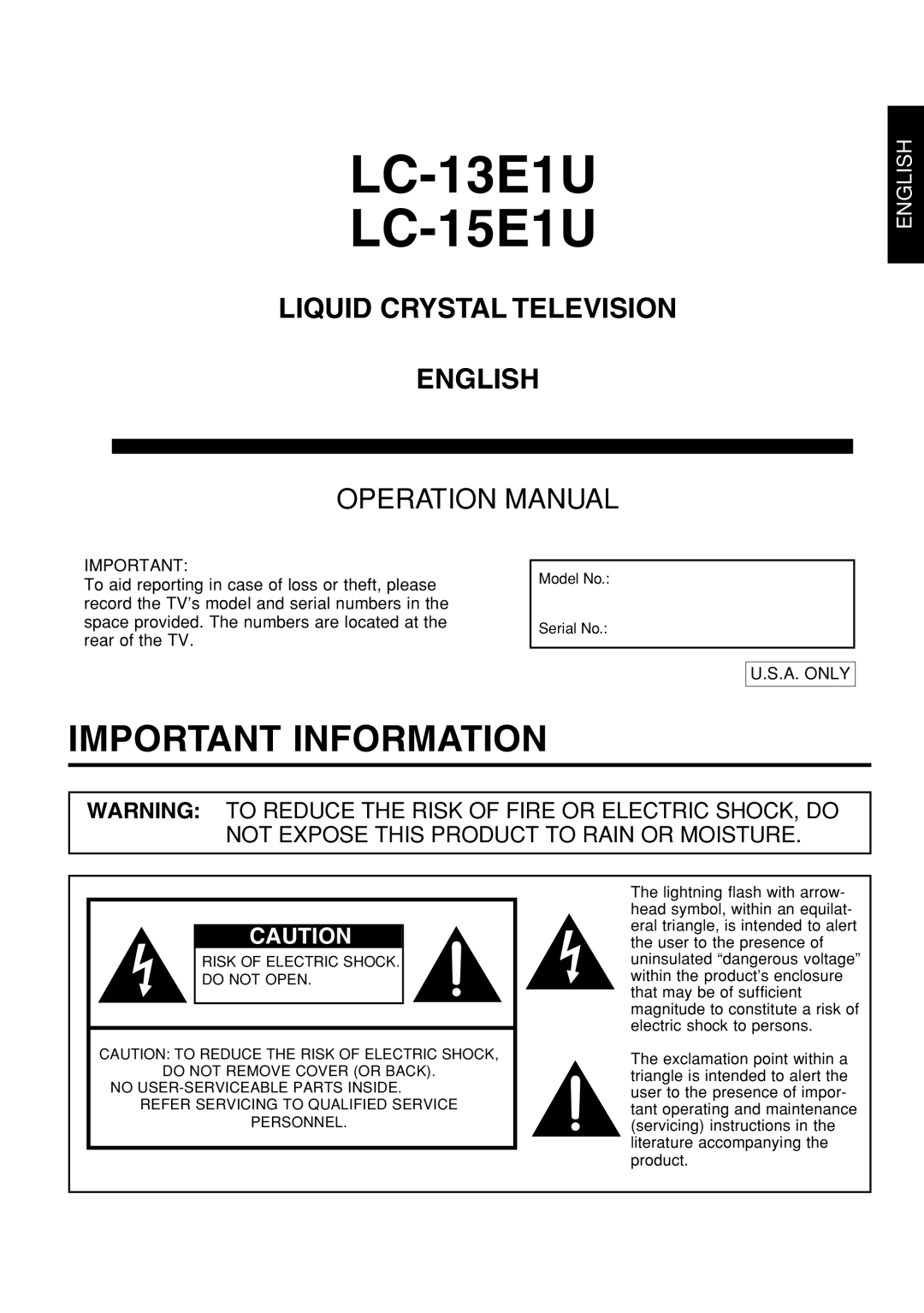 Sharp LC 15E1U, LC 13E1U operation manual LC-13E1U LC-15E1U, A. only 