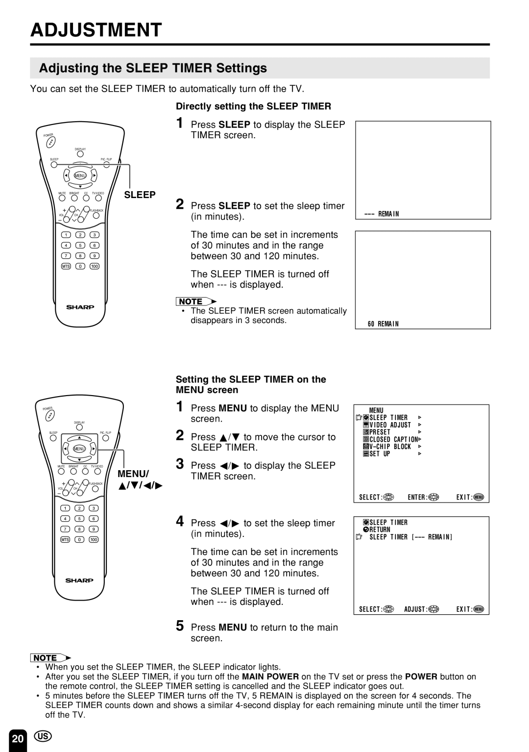 Sharp LC 13E1U, LC 15E1U operation manual Adjustment, Adjusting the Sleep Timer Settings, Directly setting the Sleep Timer 