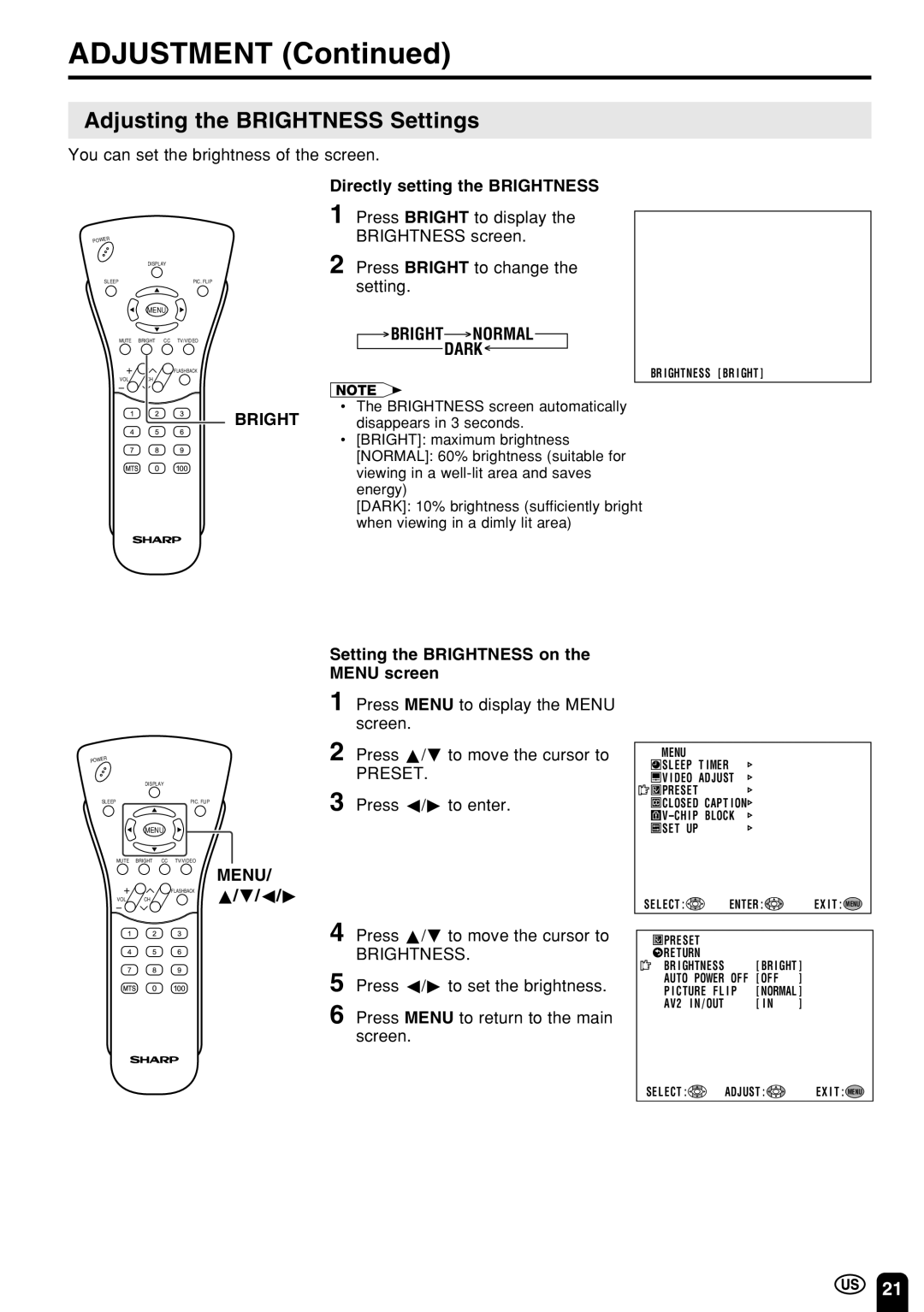 Sharp LC 15E1U, LC 13E1U Adjusting the Brightness Settings, Directly setting the Brightness, Bright Normal Dark 