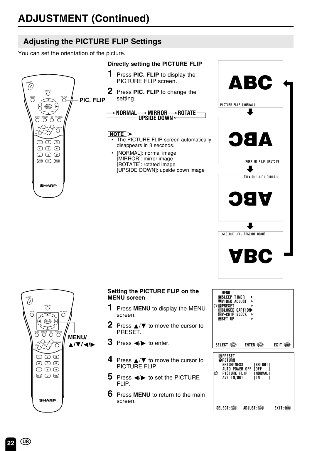 Sharp LC 13E1U, LC 15E1U operation manual Adjusting the Picture Flip Settings, Directly setting the Picture Flip, PIC. Flip 