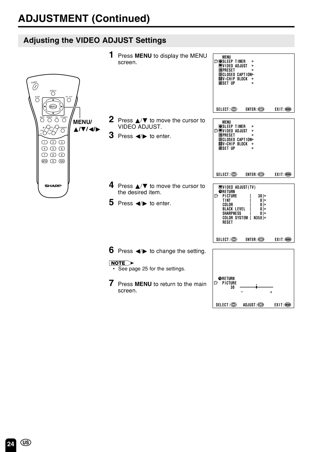 Sharp LC 13E1U, LC 15E1U operation manual Adjusting the Video Adjust Settings 