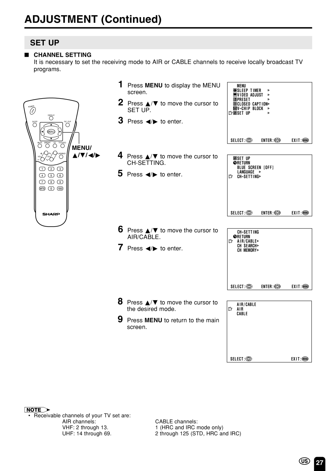 Sharp LC 15E1U, LC 13E1U Channel Setting, Set Up, Ch-Setting, Press c/dto enter Press a/bto move the cursor to AIR/CABLE 