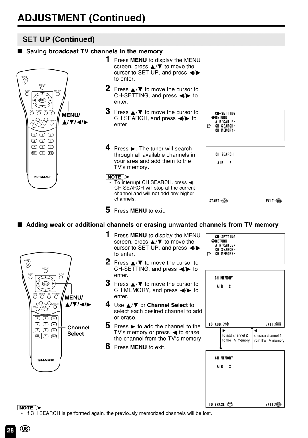 Sharp LC 13E1U, LC 15E1U operation manual Set Up, Saving broadcast TV channels in the memory, Channel Select 