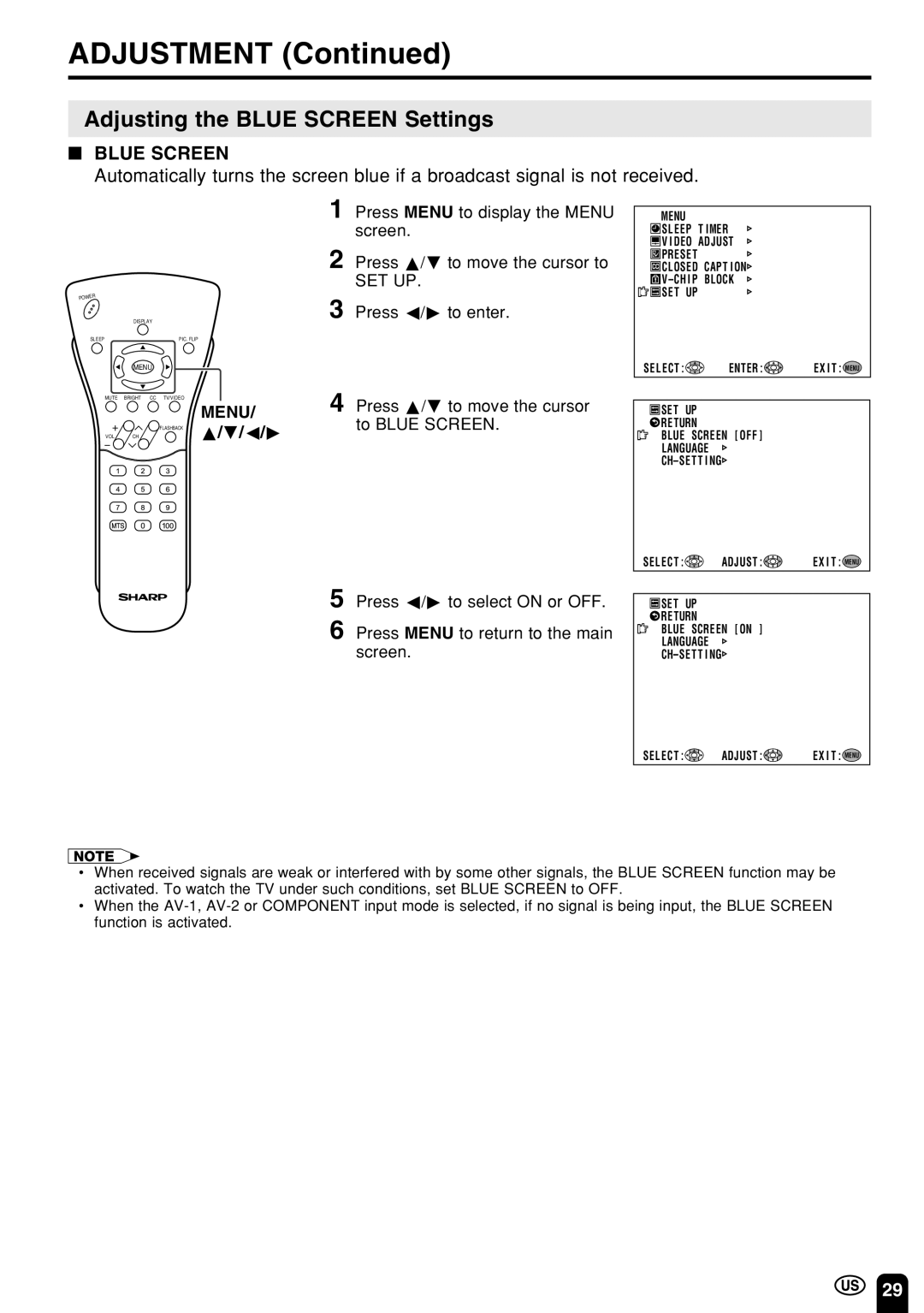 Sharp LC 15E1U, LC 13E1U operation manual Adjusting the Blue Screen Settings 