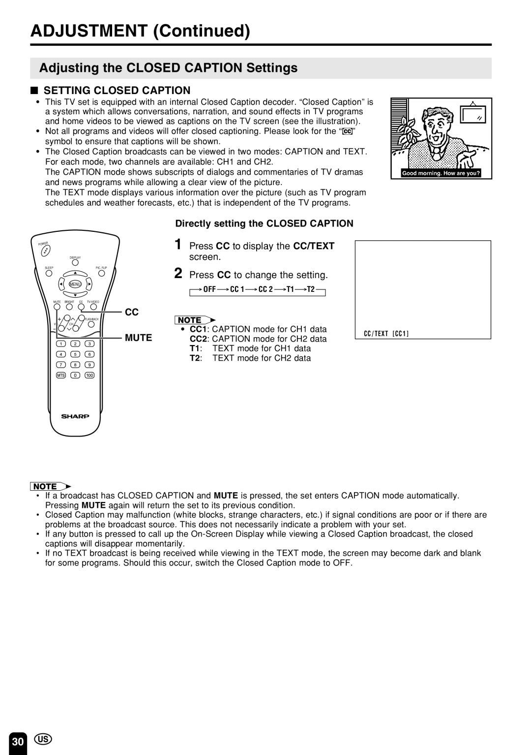 Sharp LC 13E1U Adjusting the Closed Caption Settings, Setting Closed Caption, Directly setting the Closed Caption, Mute 