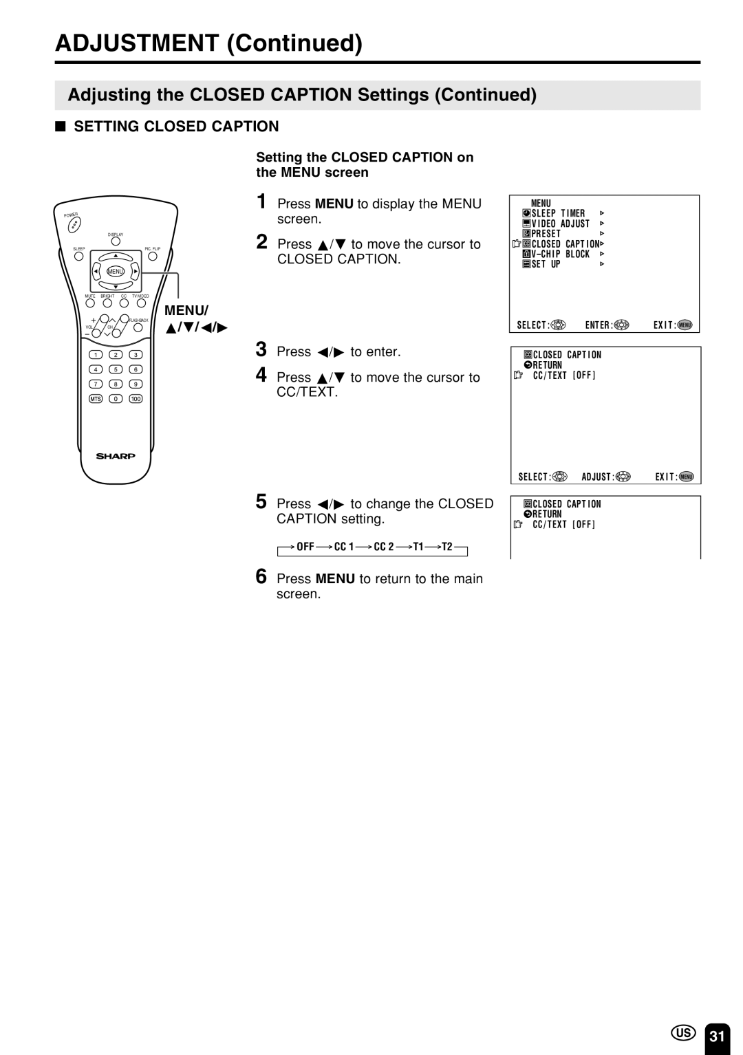 Sharp LC 15E1U, LC 13E1U operation manual Setting the Closed Caption on the Menu screen 