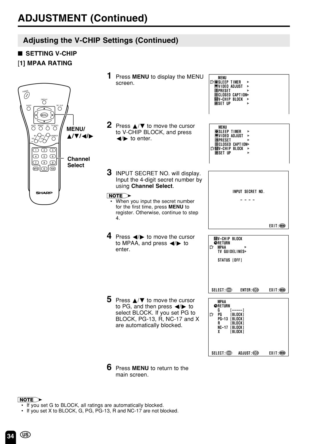 Sharp LC 13E1U, LC 15E1U operation manual Setting V-CHIP Mpaa Rating, Press Menu to display the Menu screen 