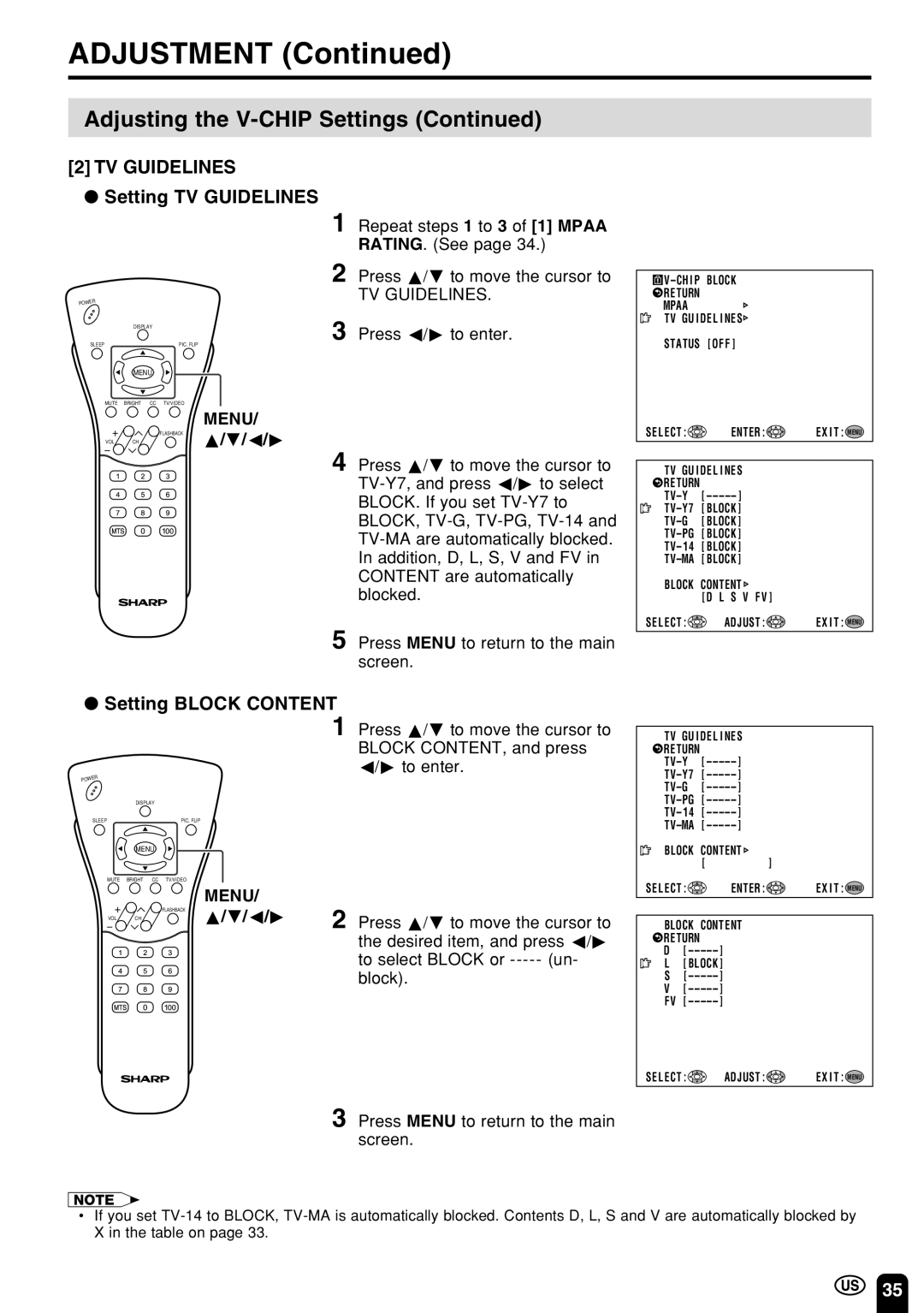 Sharp LC 15E1U, LC 13E1U operation manual Setting TV Guidelines, Setting Block Content 