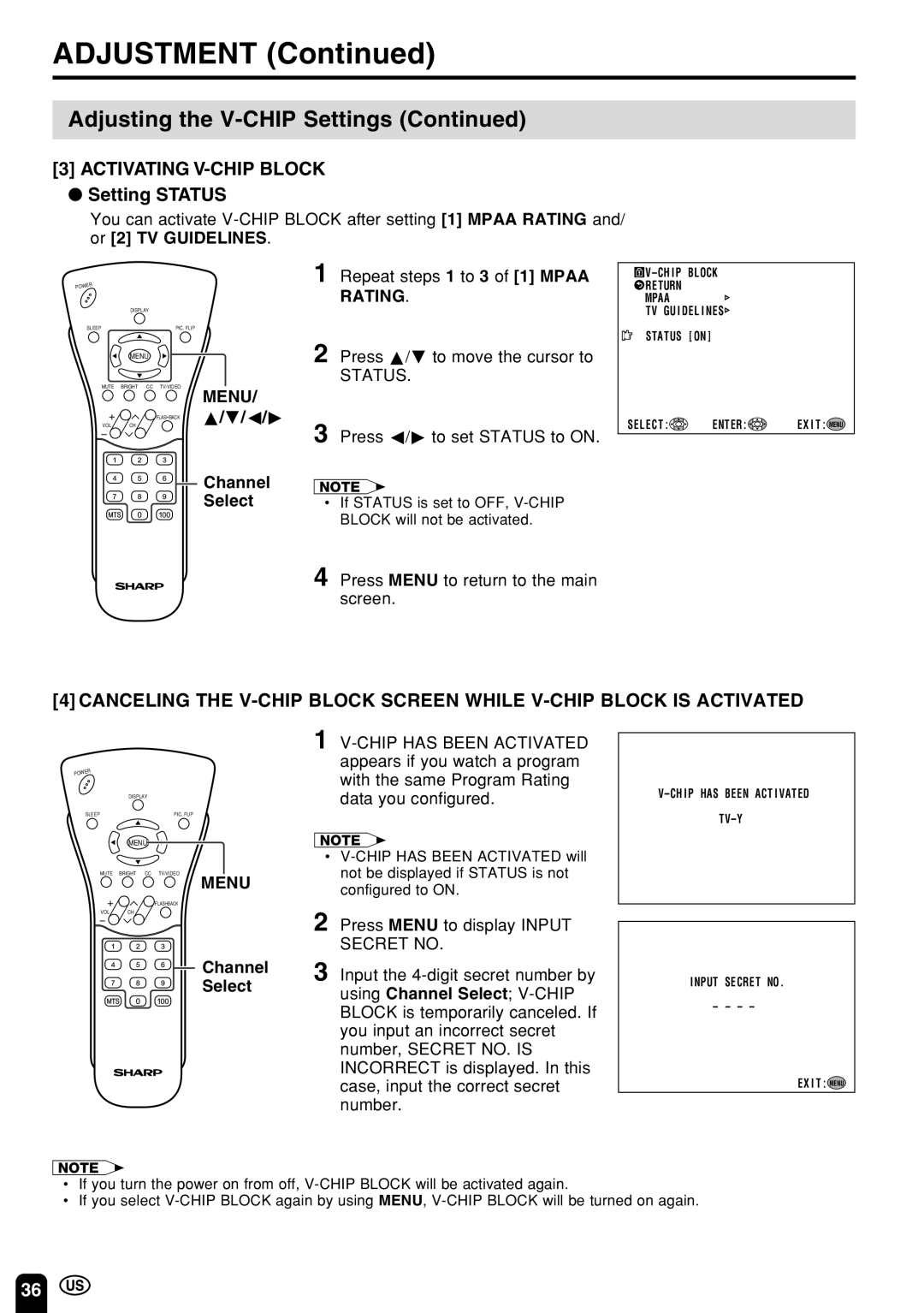 Sharp LC 13E1U, LC 15E1U operation manual Activating V-CHIP Block, Setting Status, Secret no, Channel 