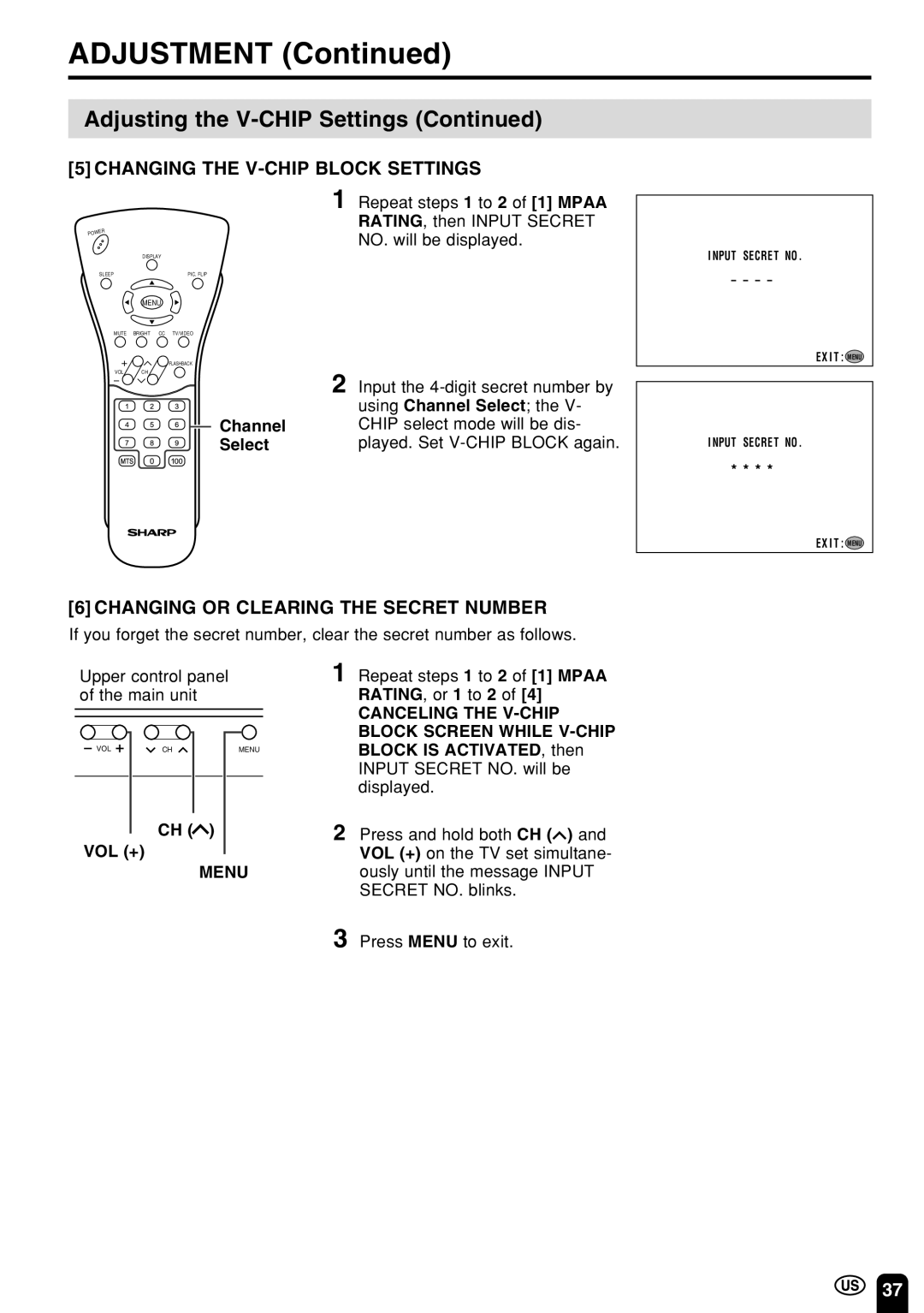 Sharp LC 15E1U, LC 13E1U operation manual Changing the V-CHIP Block Settings, Changing or Clearing the Secret Number 