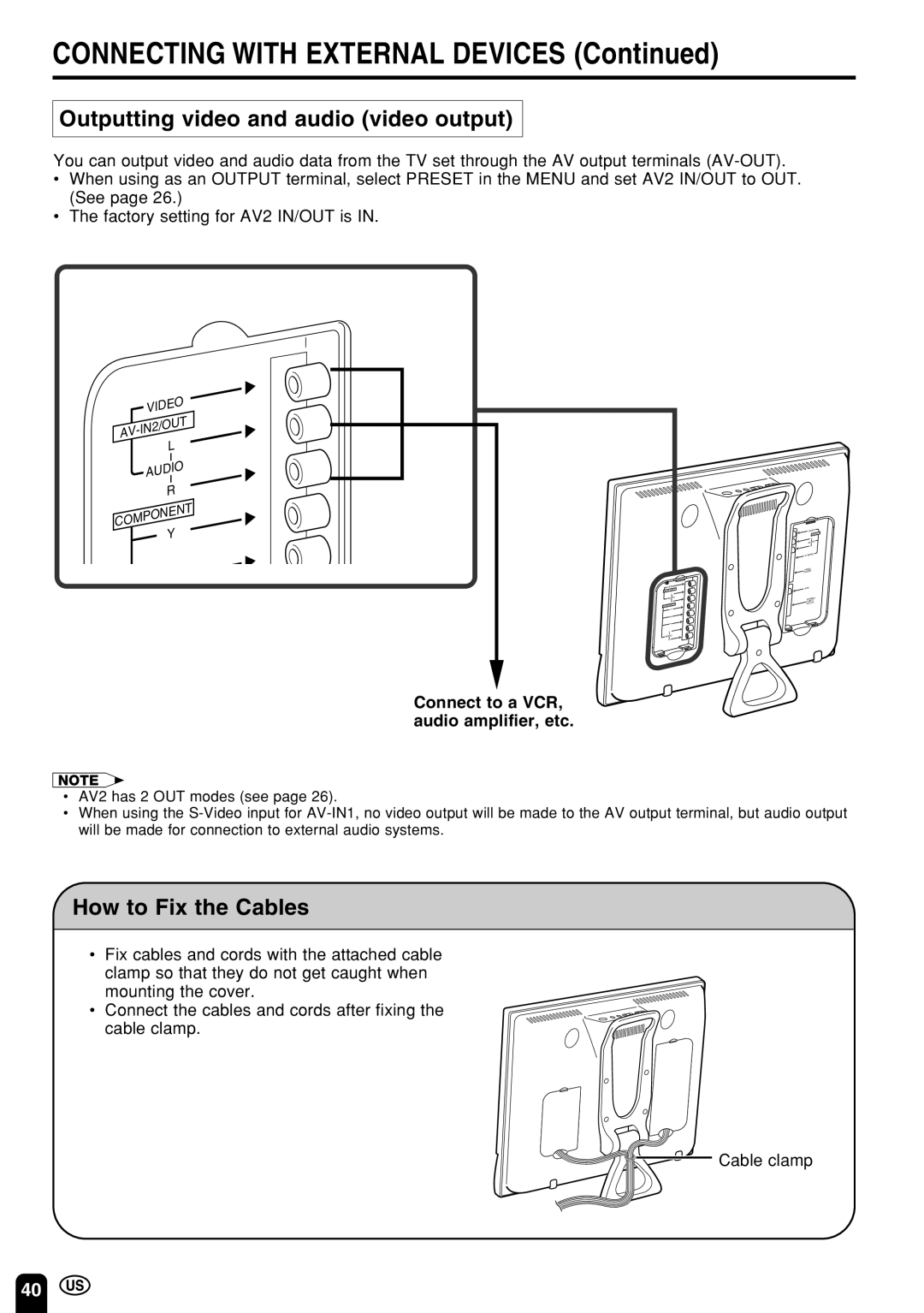 Sharp LC 13E1U Outputting video and audio video output, How to Fix the Cables, Connect to a VCR, audio amplifier, etc 