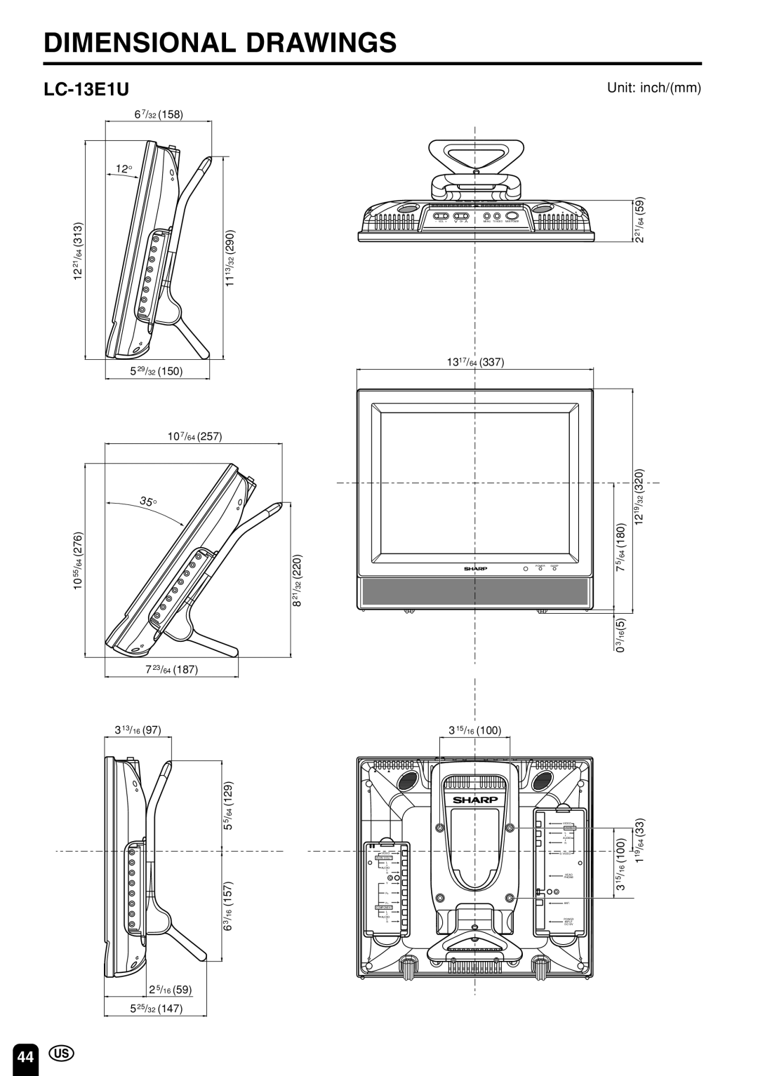 Sharp LC 13E1U, LC 15E1U operation manual Dimensional Drawings, LC-13E1U, Unit inch/mm 