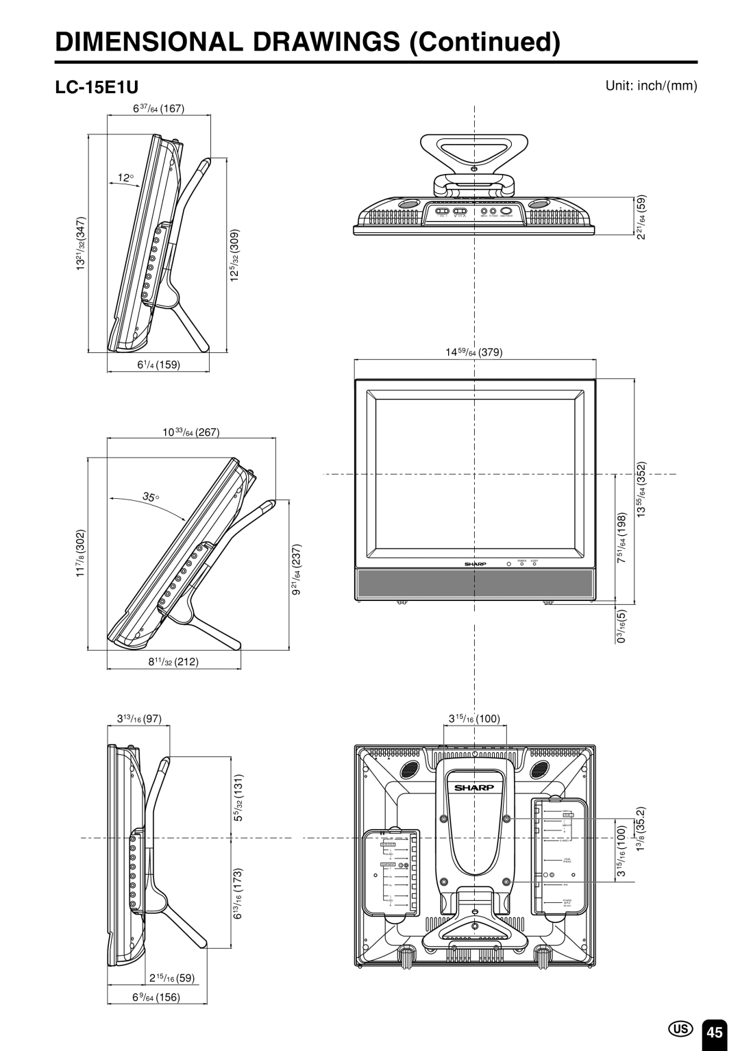 Sharp LC 15E1U, LC 13E1U operation manual Dimensional Drawings, LC-15E1U 