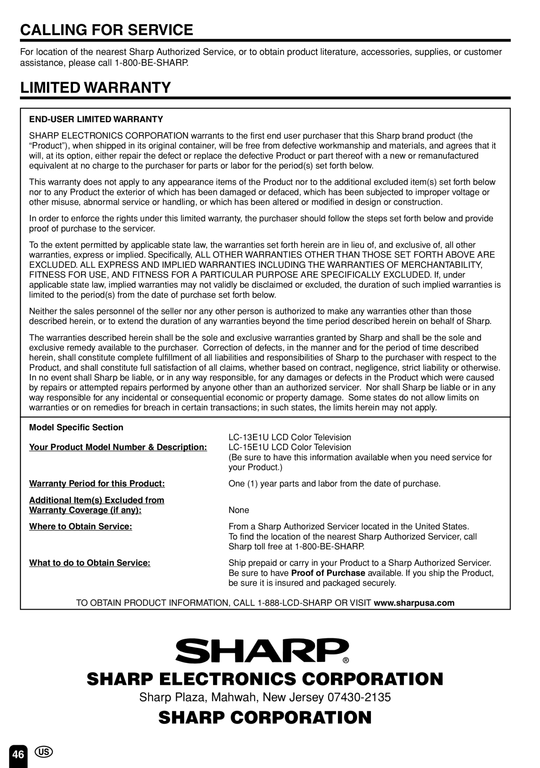 Sharp LC 13E1U, LC 15E1U operation manual Sharp Electronics Corporation 