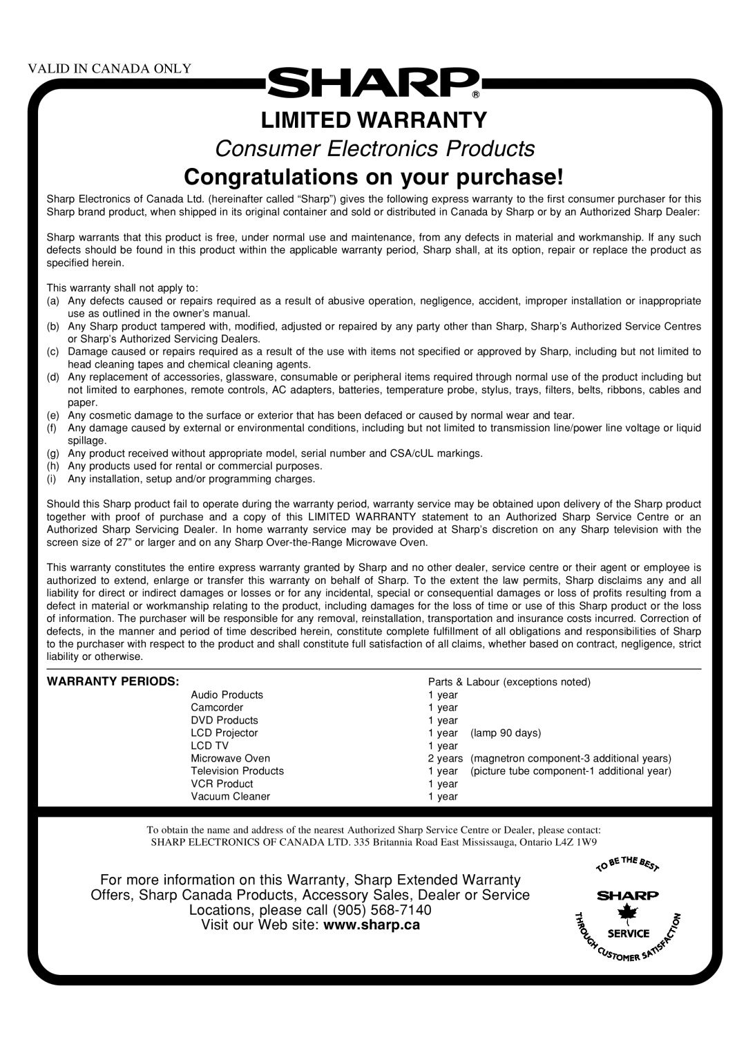 Sharp LC 15E1U, LC 13E1U operation manual Limited Warranty 