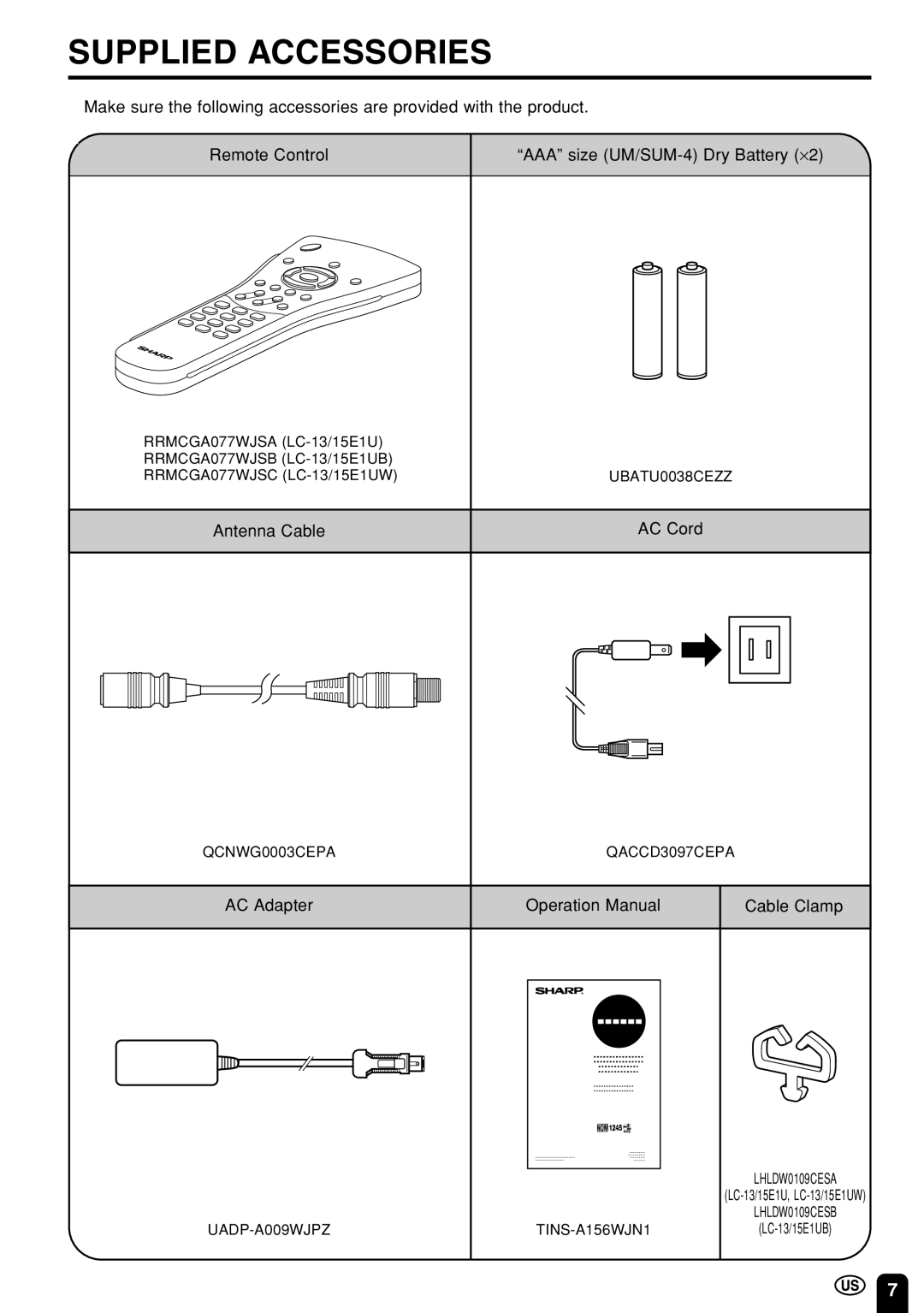 Sharp LC 15E1U, LC 13E1U operation manual Supplied Accessories, Antenna Cable AC Cord, AC Adapter Cable Clamp 