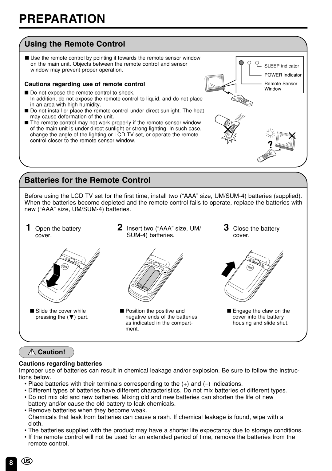 Sharp LC 13E1U, LC 15E1U operation manual Preparation, Using the Remote Control, Batteries for the Remote Control 