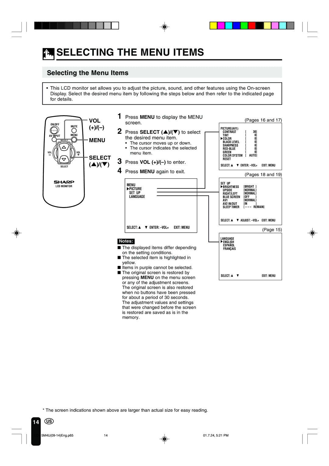 Sharp LC-15M4U operation manual Selecting the Menu Items 